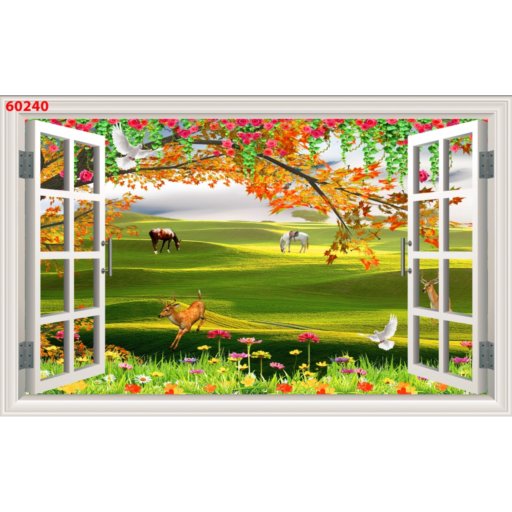 Tranh dán tường 3D khung cửa sổ phong cảnh