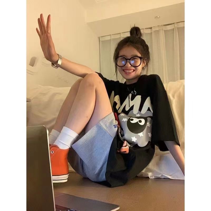 Áo Thun Cotton Ngắn Tay Dáng Rộng In Họa Tiết Hoạt Hình Theo Phong Cách Retro Mỹ Dành Cho Nữ