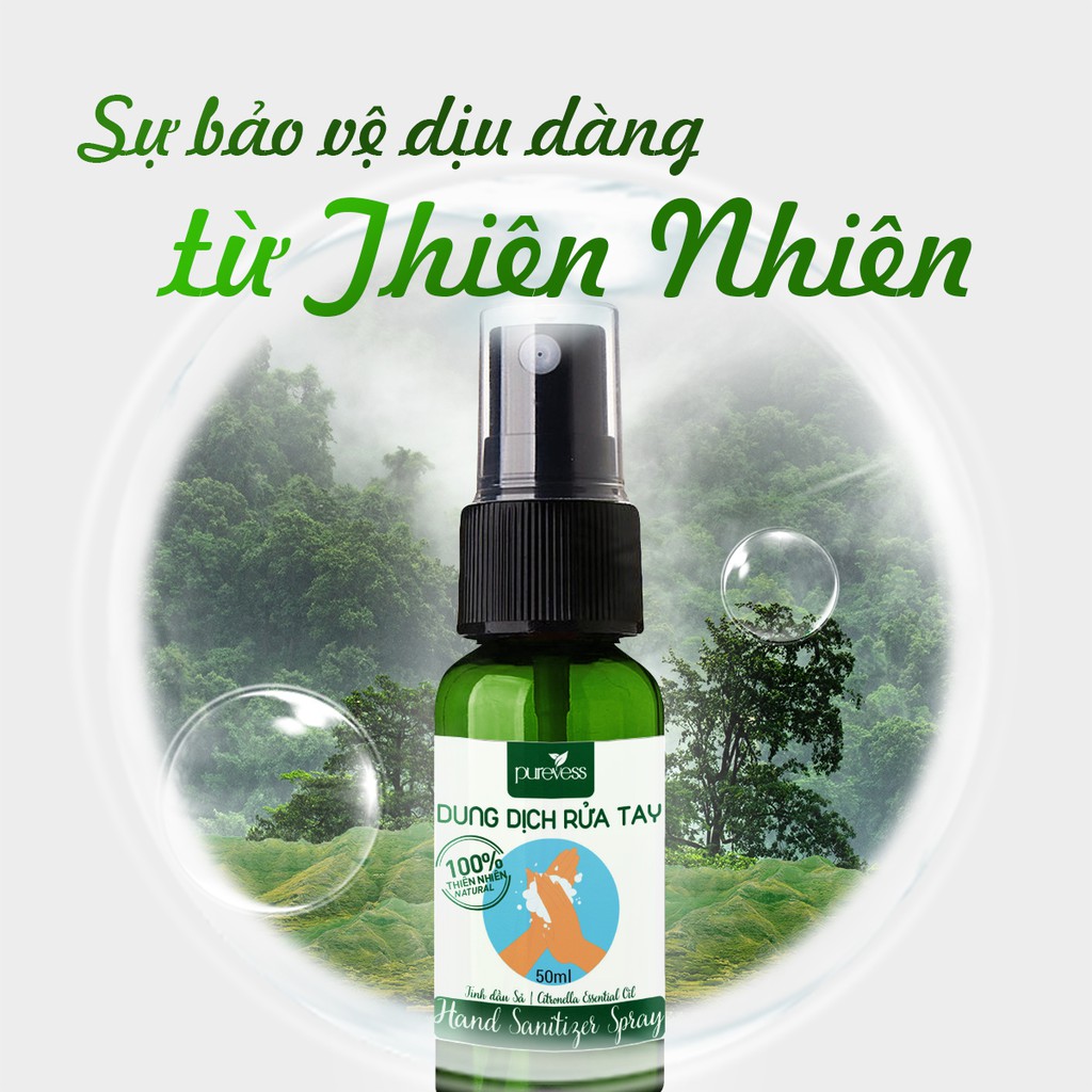 Nước rửa tay khô diệt khuẩn tinh dầu sả 50ml Purevess