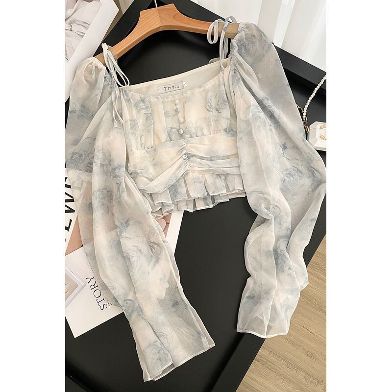 Áo Sơ Mi Chiffon Tay Dài Dáng Ngắn In Họa Tiết Mực Kiểu Pháp Thời Trang Mùa Hè Mới Cá Tính Cho Nữ