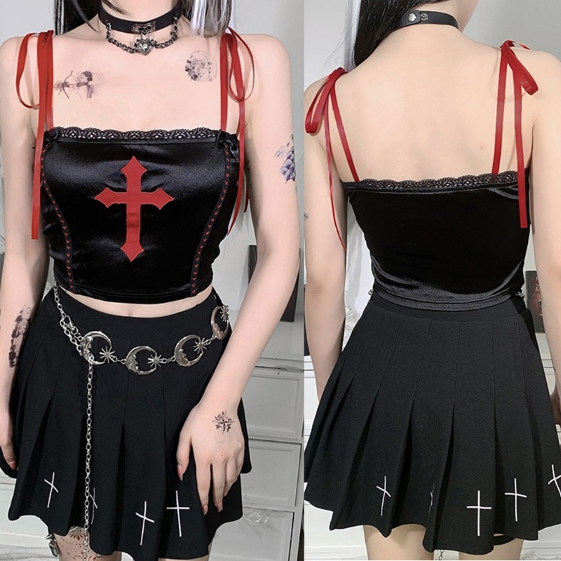 Áo Croptop Hai Dây Dáng Ôm Thêu Chữ Thập Màu Đỏ / Đen Vải Satin Phong Cách Gothic Punk Cho Nữ