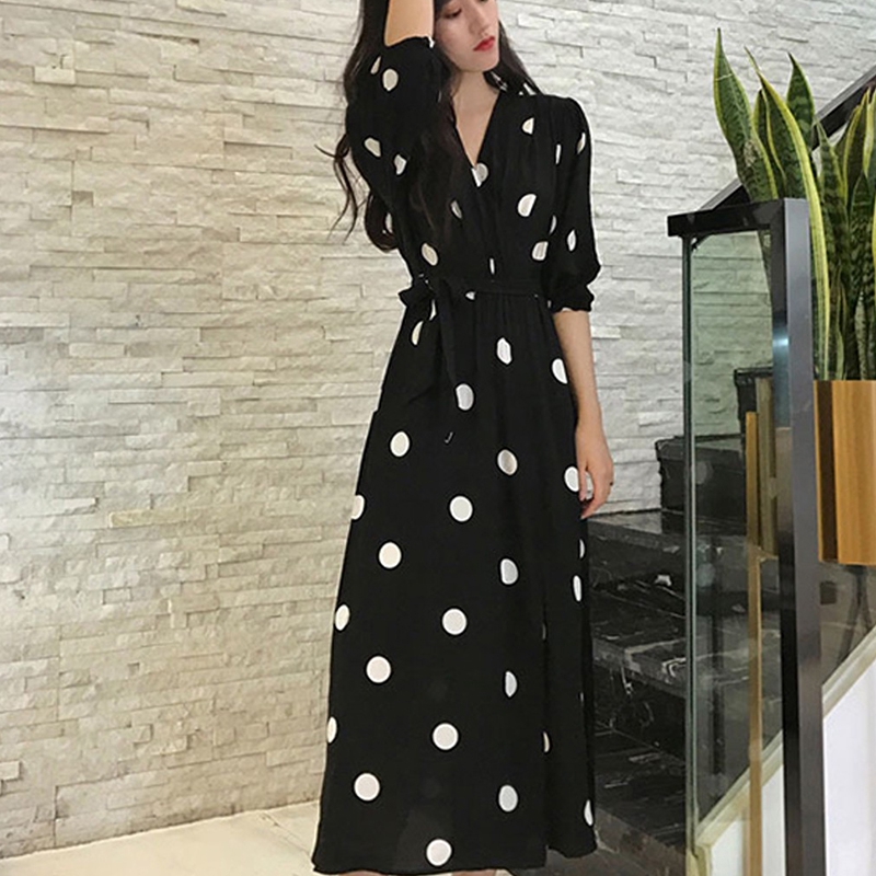 Đầm Maxi tay dài hoạ tiết chấm bi phong cách Hàn Quốc size S-XL