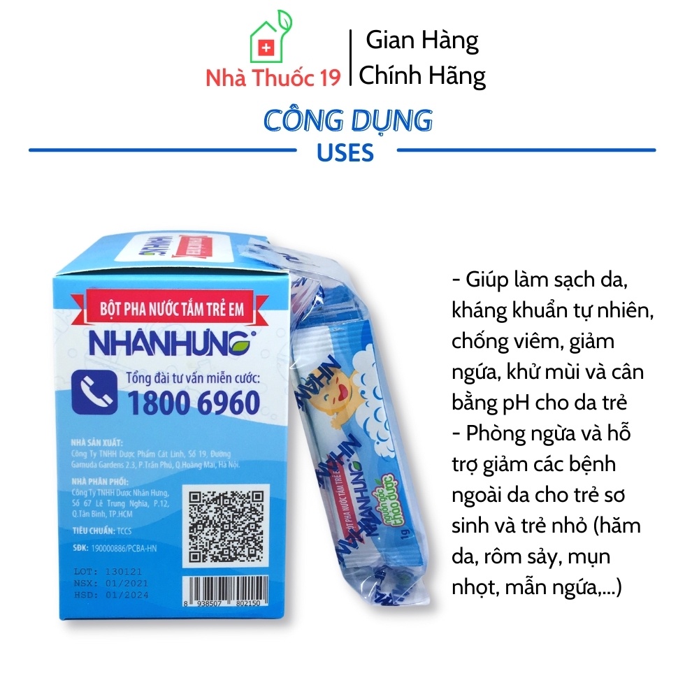 Bột Pha Nước Tắm Nhân Hưng - Giúp Sạch Da, Kháng Khuẩn, Giảm Bệnh Ngoài Da, Hăm Da, Chàm Sữa, Rôm Sẩy (Hộp 30 Gói)