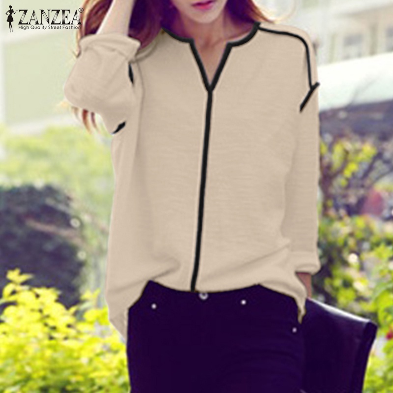 Áo sơ mi ZANZEA tay dài cổ chữ V màu trơn phong cách thời trang cho nữ