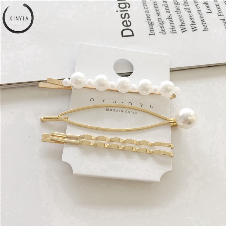 Kẹp tóc kim loại đính hạt giả ngọc trai phong cách Hàn Quốc