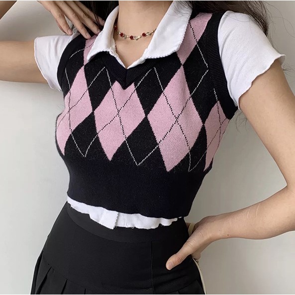 Porozi  Áo len không tay cổ chữ V họa tiết hình thoi cho nữ