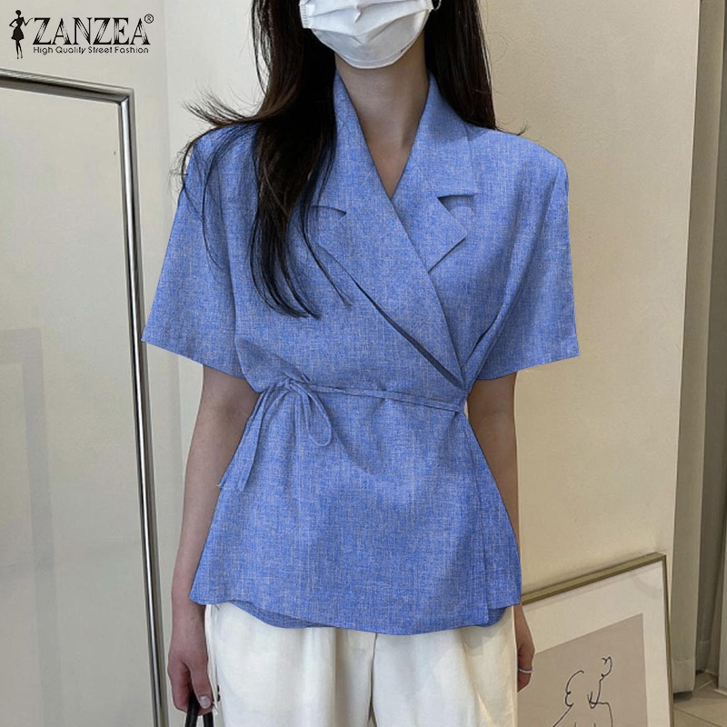 Áo khoác blazer Zanzea tay ngắn dáng rộng màu trơn cột dây thời trang cho nữ