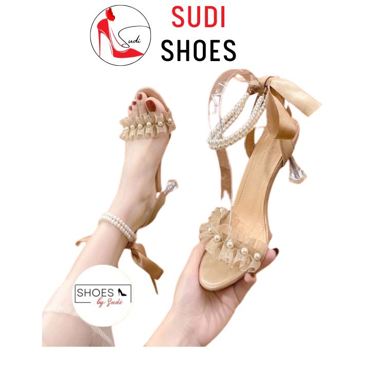 Sandal nữ cao 9p quai ngọc thắt nơ sau có gót nhọn 3 màu trắng đen be tiểu thư sang chảnh SUDI TH141-BDA