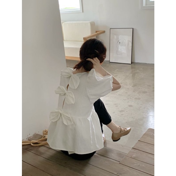 Áo Babydoll Vải Nhăn Tay Bồng Bo Chun Nơ Xinh Xắn Phong Cách Retro ❤️