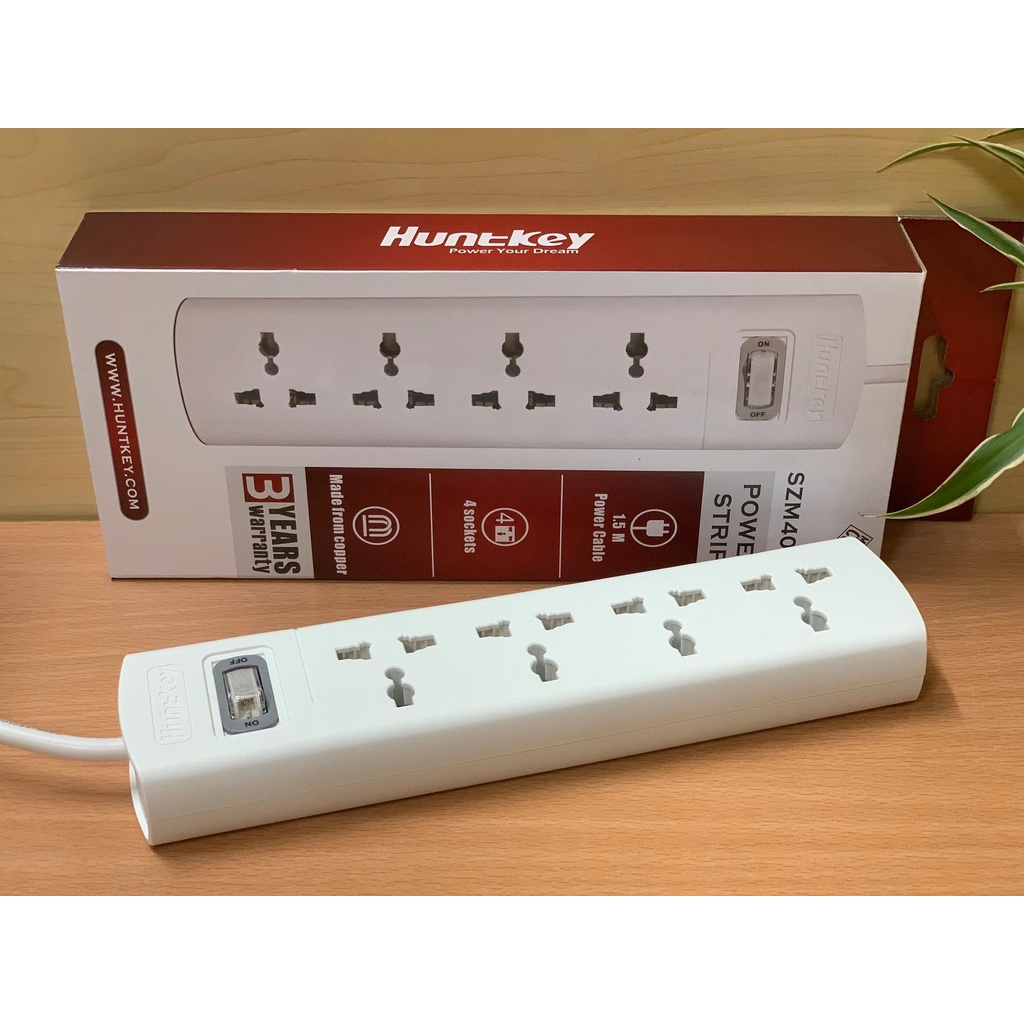 Ổ cắm điện Huntkey SZM401 - 2500W, 4 lỗ 3 chân đa năng, chống sét, cáp 1.5m