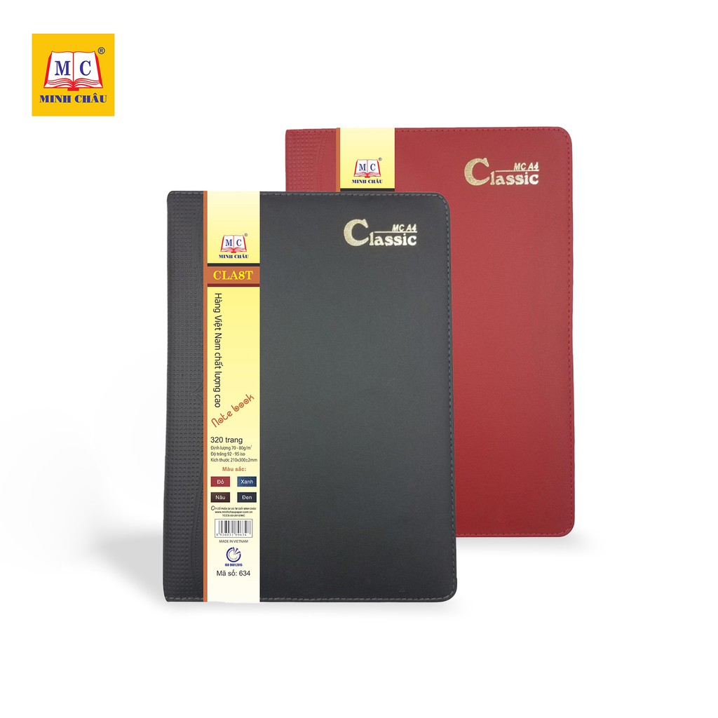 Sổ Classic A4 Minh Châu bìa da có đệm mút và may viền bền đẹp, sang trọng, 4 màu, 3 loại số trang (633-634-636)