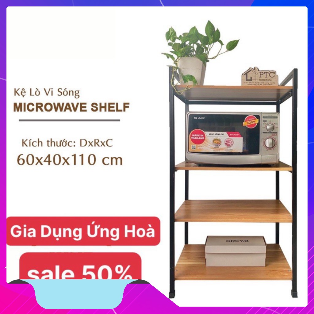 Kệ Lò Vi Sóng 4 Tầng Khung Sắt, Sàn Gỗ Cực Chắc Chắn