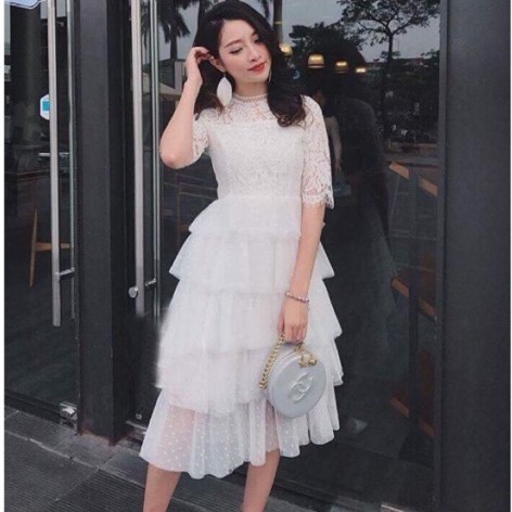 Đầm ulzzang phối ren nhiều tầng tay lửng | BigBuy360 - bigbuy360.vn