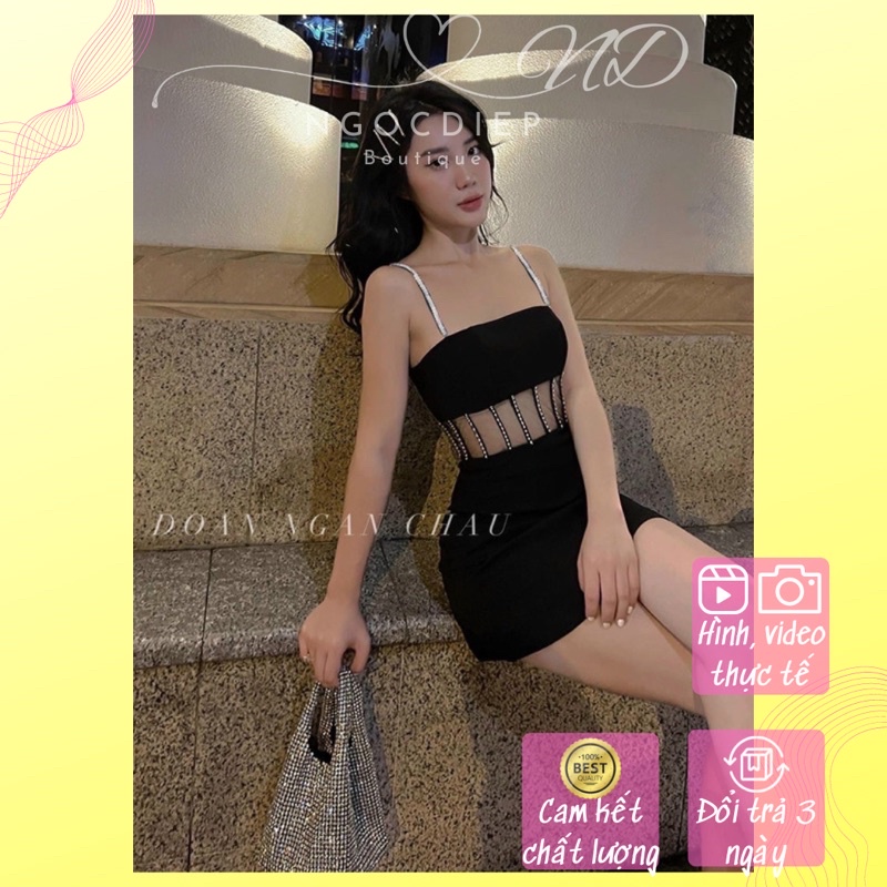 Đầm Tiệc Body Hai Dây Phối Lưới và Kim sa