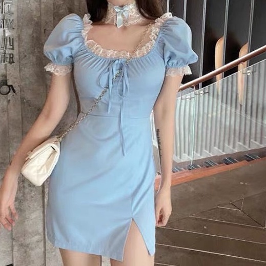 Đầm Tay Phồng Phối Ren Thắt Nơ Phong Cách Hàn Quốc Mới