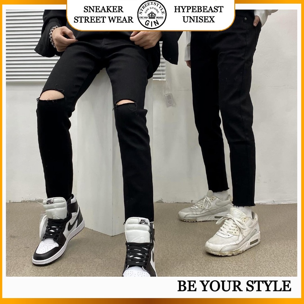 Quần jeans rách gối đen - Gin store