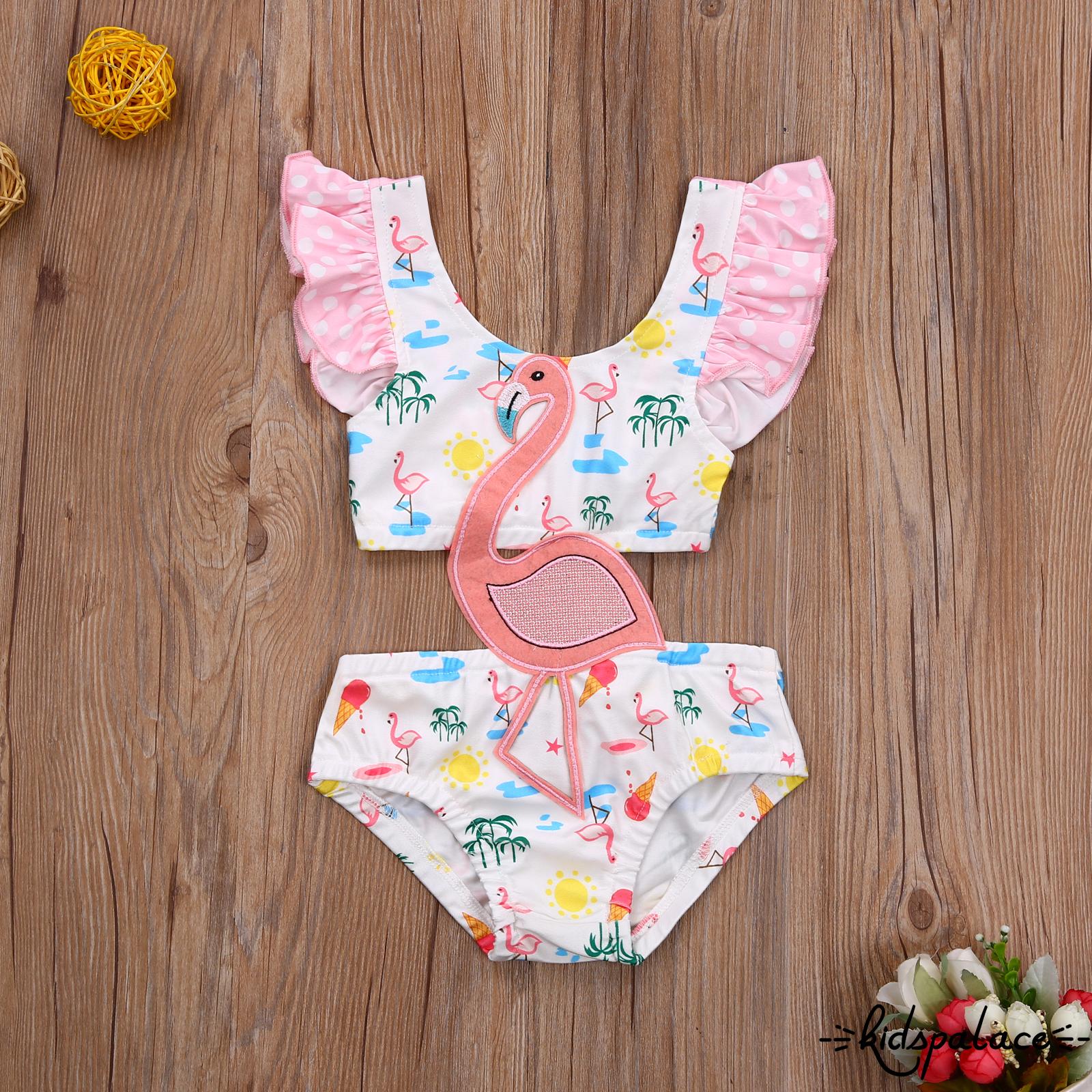 BbQ-Girl’s Sweet Flamingo Print One Piece Swimsuit Fashion Hollow Ruffles Suspender Swimsuit