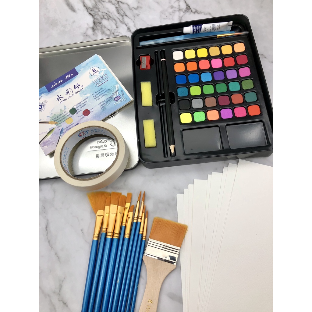 Bộ Màu Nước 36 Màu Kèm Cọ Vẽ Tranh Màu Nước - Bộ màu nước dạng nén - Solid Watercolor Set