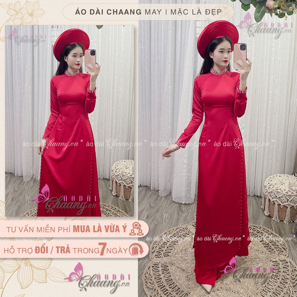 Áo Dài Cưới Truyền Thống CHAANG May Thiết Kế Sẵn 4 Tà Đính Tủa Cổ Ngọc Cô Dâu Dự Tiệc Đẹp ADC1422