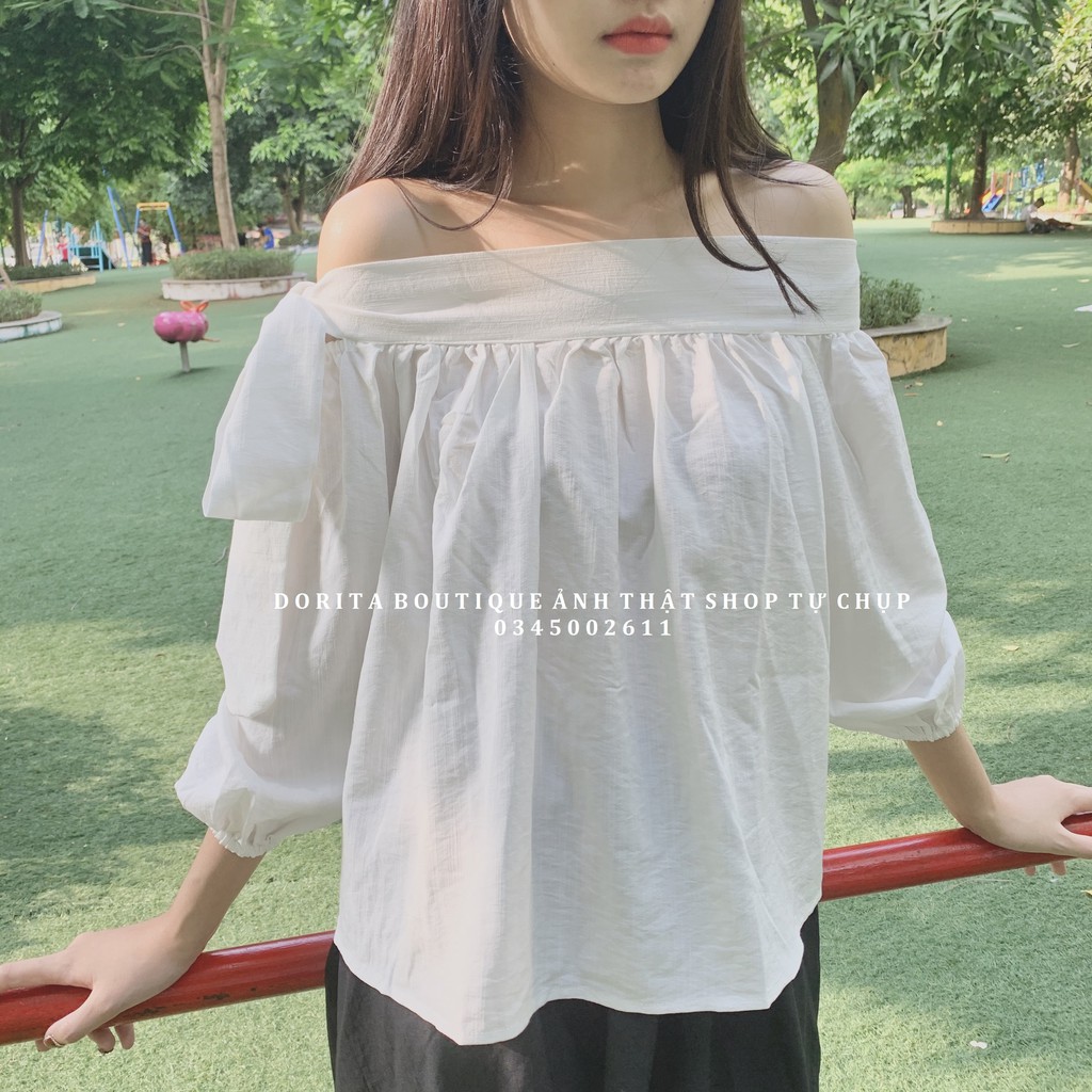 Áo thắt nơ trễ vai tay dài - Thắt nơ lệch điệu đà - Chất đũi hàn - Dorita Boutique