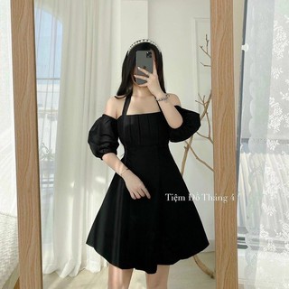 Đầm tay bồng rớt vai cột nơ ở cổ 2 màu trắng đen ulzzang (