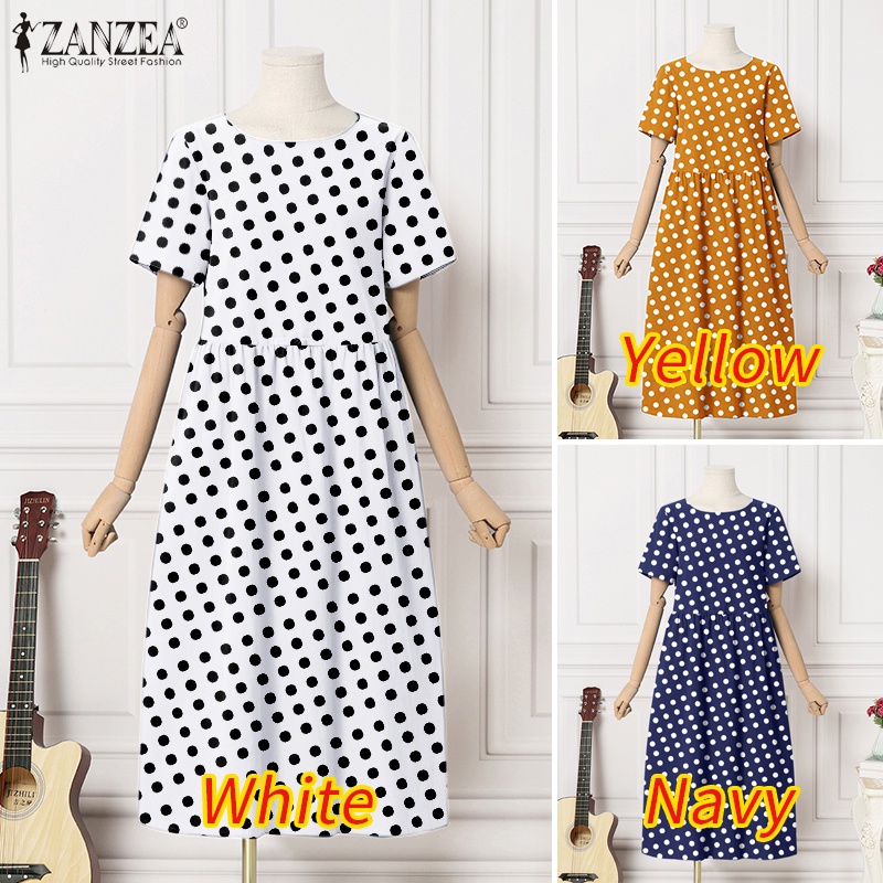 Đầm ZANZEA tay ngắn cổ tròn form rộng họa tiết chấm bi phong cách retro