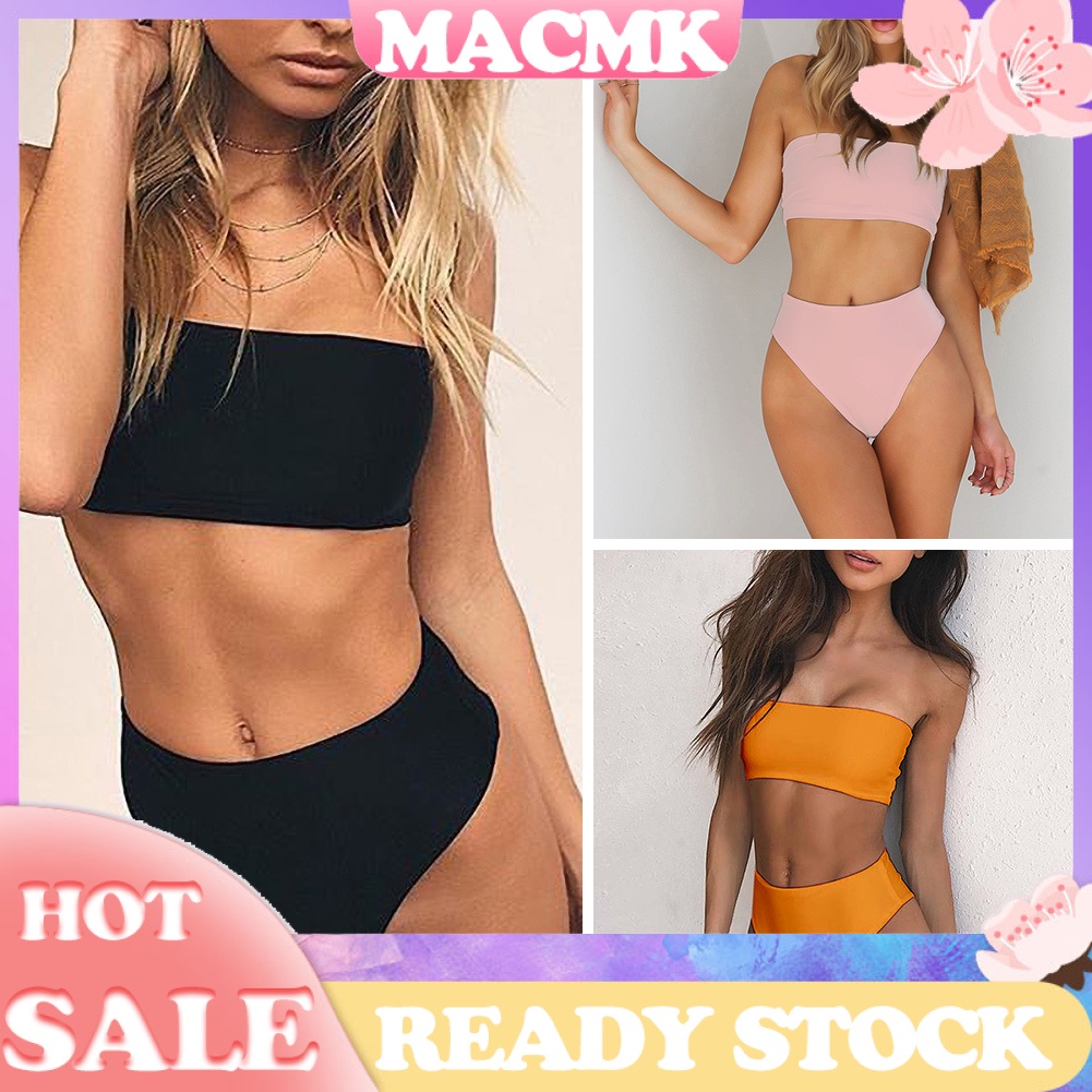 Macmk Bộ Đồ Bơi Hai Mảnh Áo Ống Màu Trơn + Quần Lưng Cao Gợi Cảm Cho Nữ