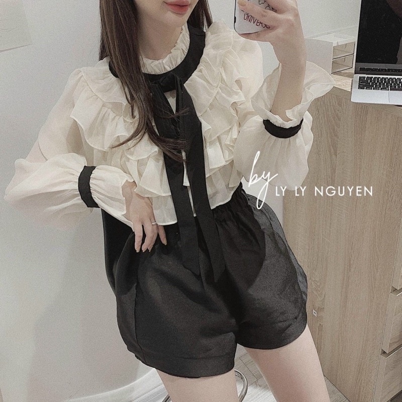 Áo babydoll bèo tầng thắt nơ cổ (có ảnh thật) tiểu thư tay dài chất siêu mềm - Áo sơ mi lụa kiểu