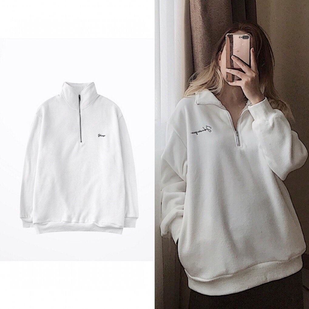 Áo Nỉ Cổ Cao Chữ Nhỏ PEONYB Nữ [FREESHIP] 🌸 Sweater form rộng dài tay, hoodie zip màu trắng thêu đen cá tính Ulzzang 🌸 | BigBuy360 - bigbuy360.vn