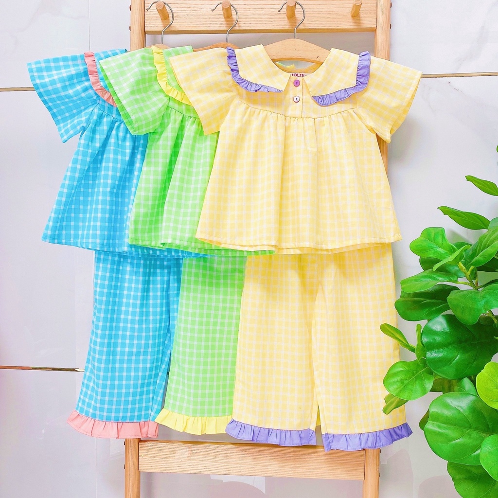 Đồ bộ bé gái vải thô caro mềm mát tay ngắn quần dài size từ 13kg đến 36kg - Mebena shop