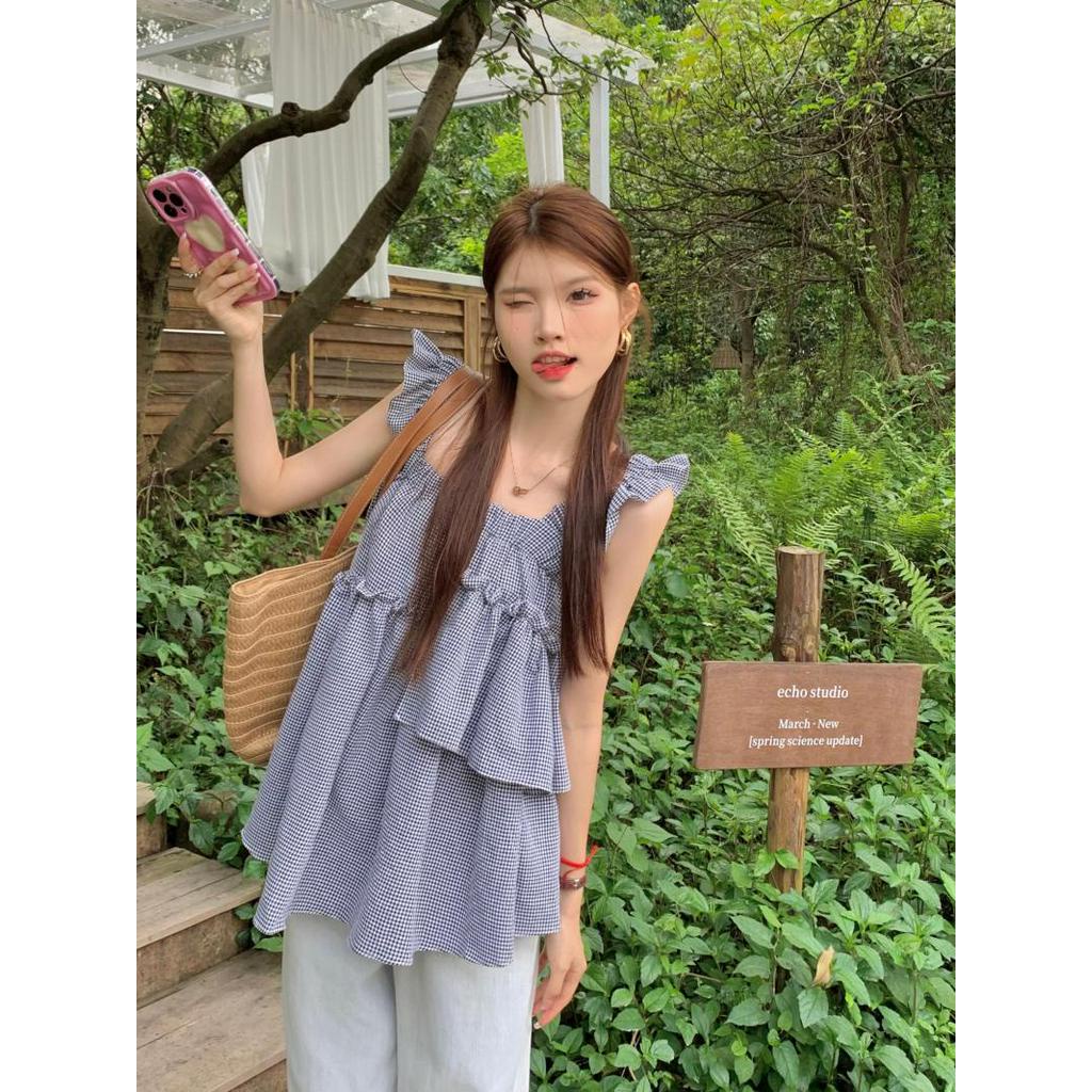 Áo Ống Không Tay Dáng Rộng Họa Tiết Sọc Caro Dễ Thương 63676