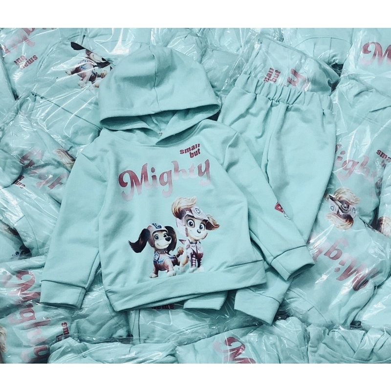 Set bộ nỉ da cá có mũ chó đội trưởng cho bé gái màu xanh