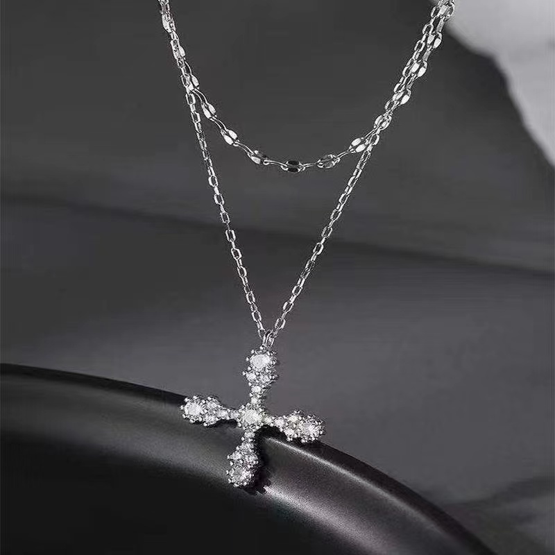 Vòng cổ Màu Bạc Hai Lớp Hình Chữ Thập Đính Kim Cương Cao Cấp Thời Trang Cho Nữ