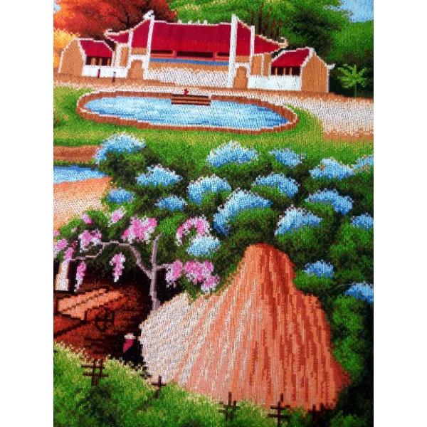 Tranh thêu thành phẩm Cây đa, giếng nước, sân đình