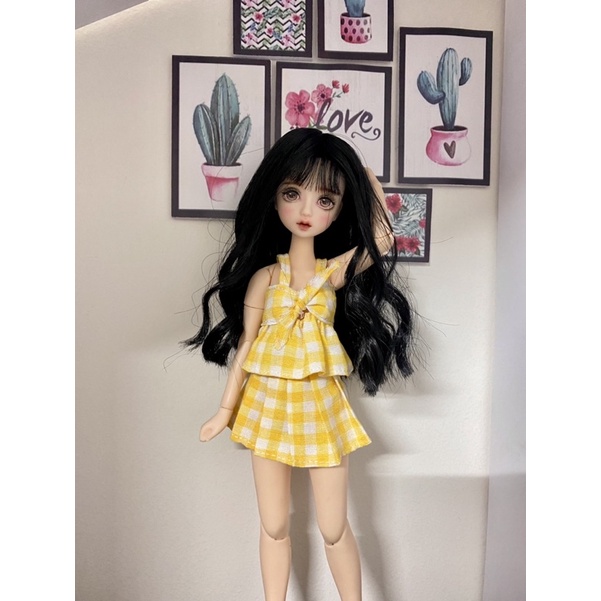 Set áo váy xếp ly caro vàng size blythe,xinyi,barbie