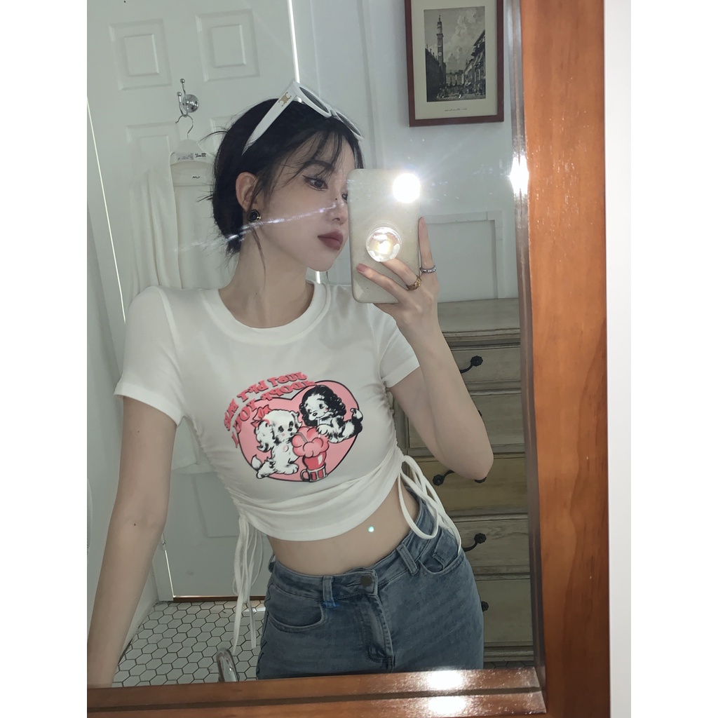 Áo Thun Croptop Cột Dây Dáng Ôm In Hoạt Hình Thời Trang Quyến Rũ Cho Nữ