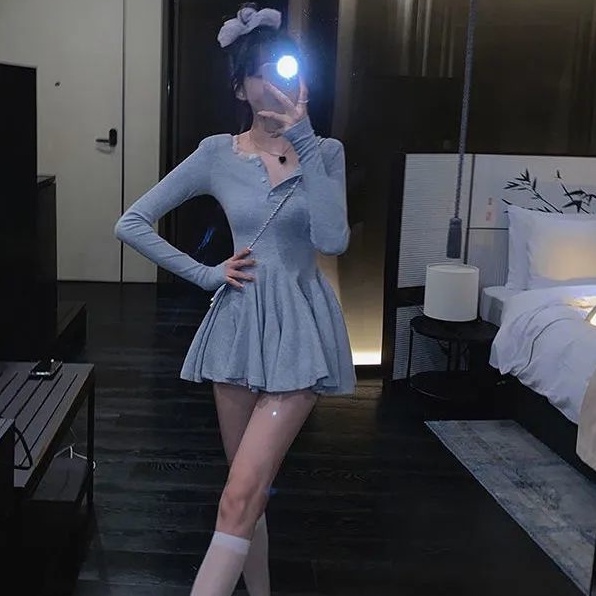 Đầm COZOKC tay dài cổ chữ V thiết kế nhấn eo phong cách quyến rũ