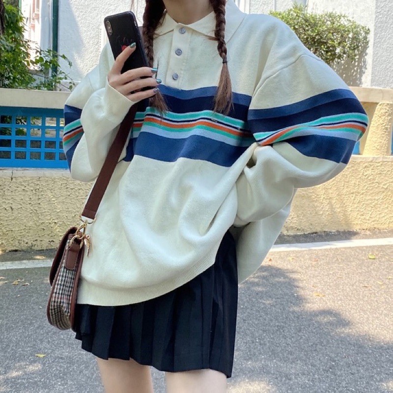 Áo sweater Polo Huzca sọc ngang tone lạnh style Hàn Quốc