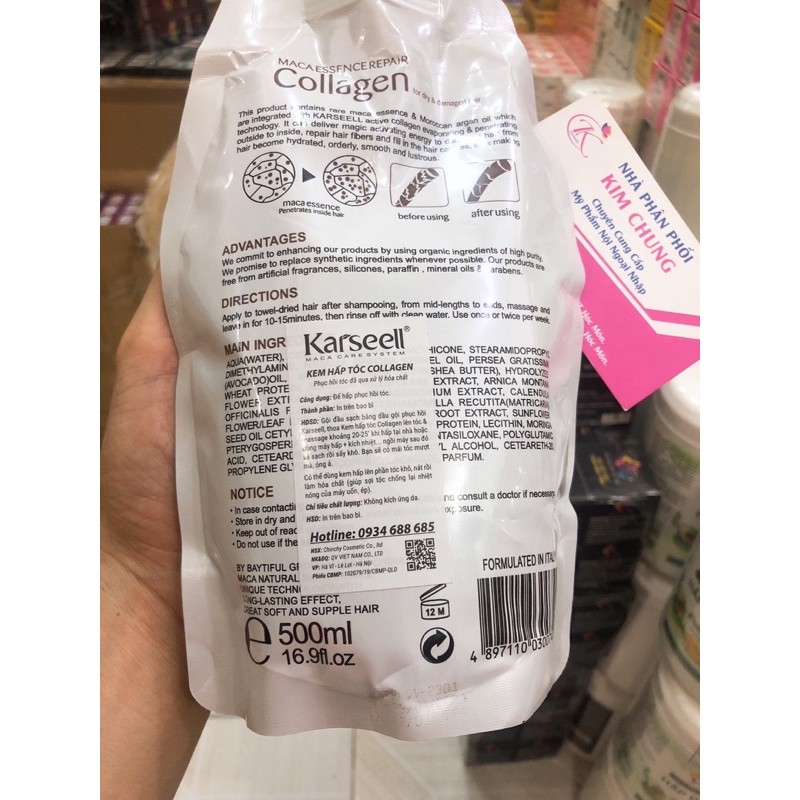 FreeShip Kem Hấp - Ủ- Xả Phục Hồi Tóc Collagen Karseell Maca 500ml Hàng Chính Hãng