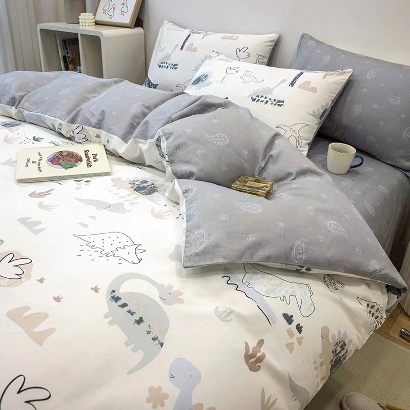 Bộ chăn ga gối cotton organic Khủng long trắng Dreamhome