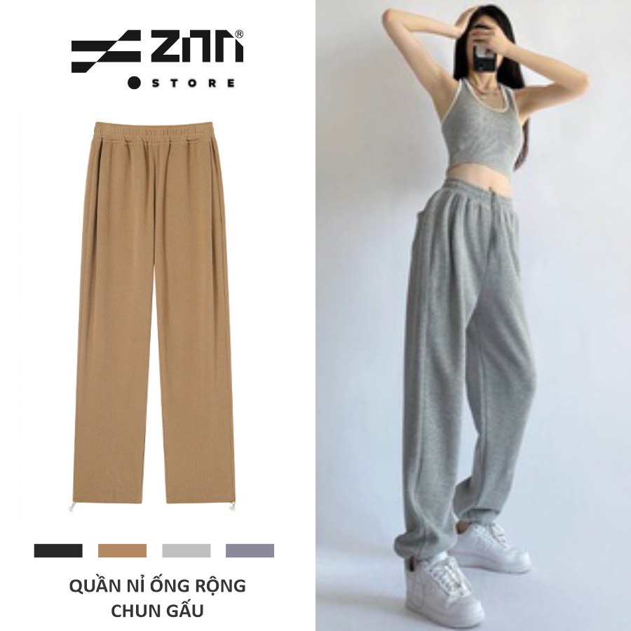 Quần Ống Rộng Chất Nỉ Lưng Cao Cạp Thun Ống Bo Dây Rút Zinti QD39