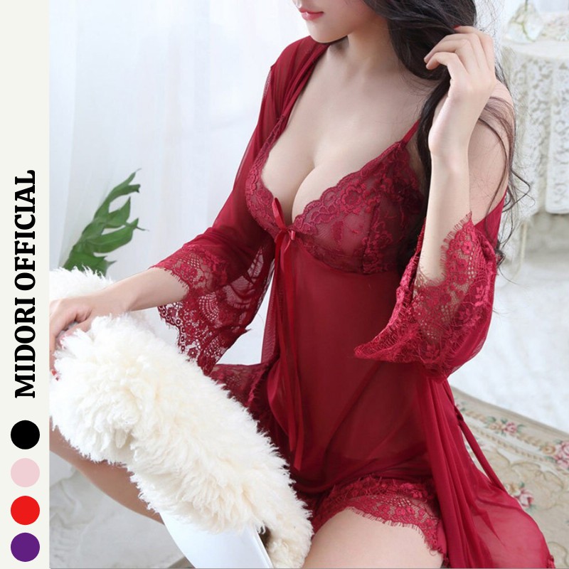 Đồ ngủ sexy nữ gợi cảm MIDORI chất ren voan cao cấp gồm áo 2 dây và áo choàng xuyên thấu freesize KL01