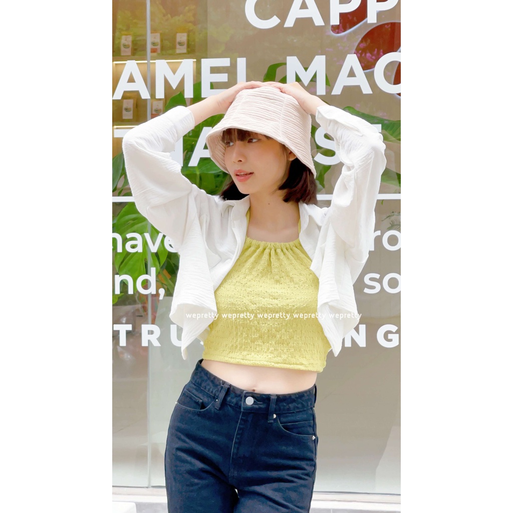 Áo yếm buộc dây freesize trendy chất vải thun xốp màu xanh bơ phù hợp với các outfit mùa hè AH09 Wepretty Clothes