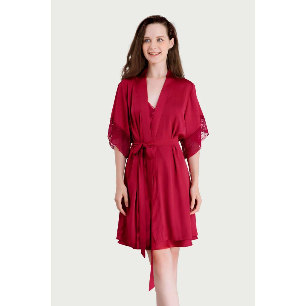 Áo khoác Kimono Vera Satin trơn phối Ren - V0455