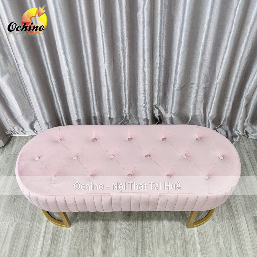 Ghế Dài Sofa Dài 1m2, Ghế băng Dài Cho Shop Hình Bầu Dục Có Nhún Mặt Chân Vàng Cách Điệu ( Sẵn Hàng)