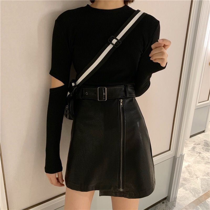 Chân váy da chữ A lưng cao kèm thắt lưng F43 | BigBuy360 - bigbuy360.vn