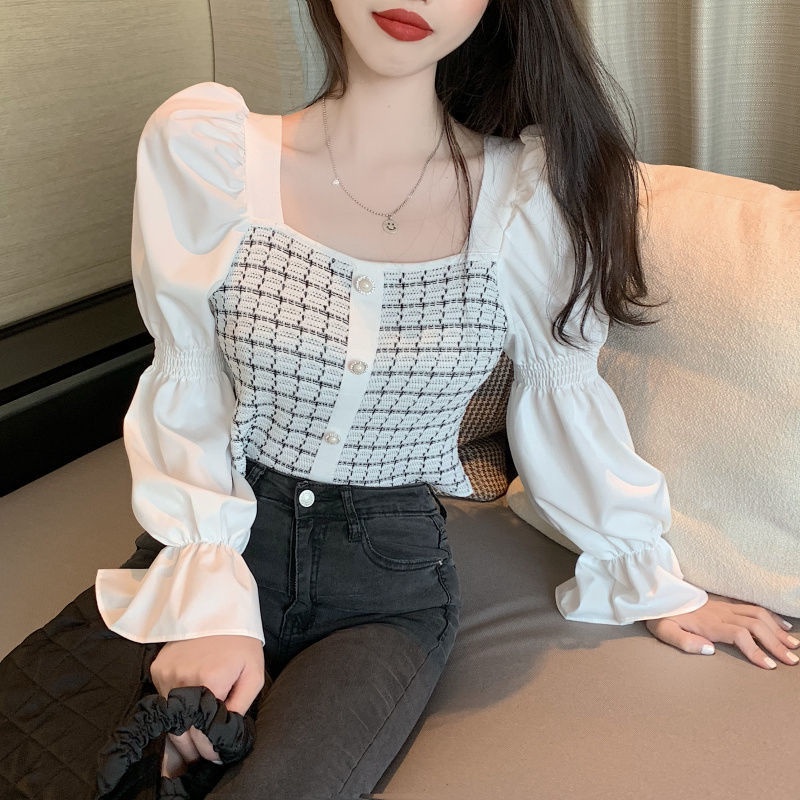 Áo len tay dài cổ vuông phong cách retro mới 2020