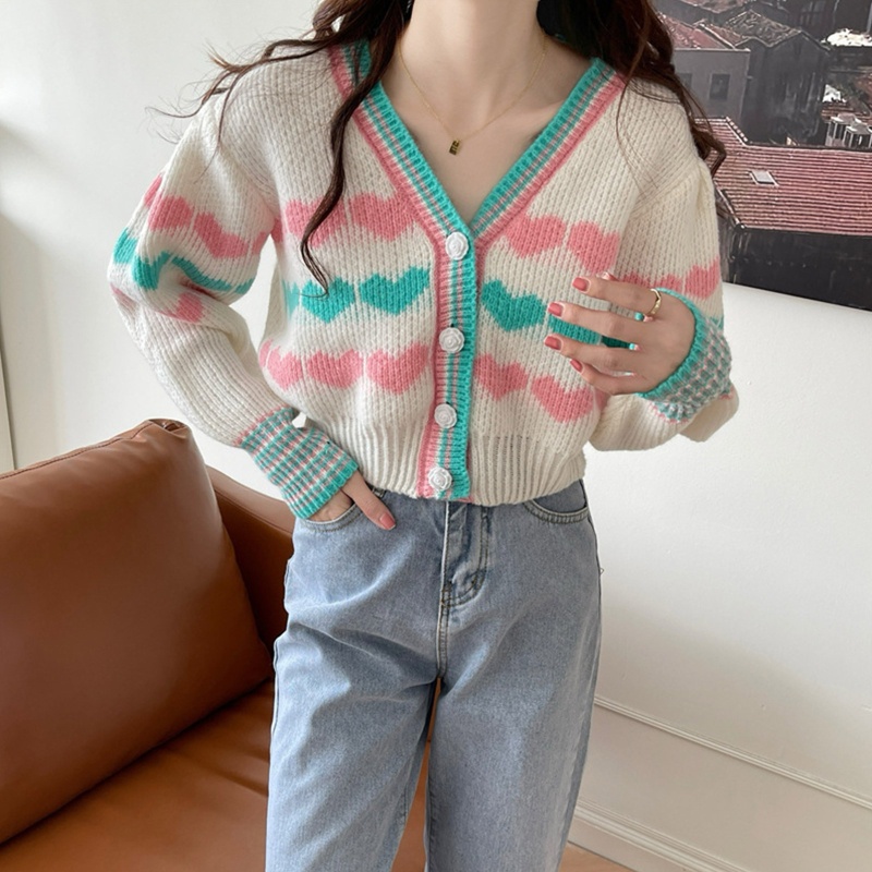 Xiangbao Áo Khoác Cardigan Dệt Kim Ngắn Cài Nút Xuống Tay Dài Hình Trái Tim Nhiều Màu Sắc Lưng Thun C