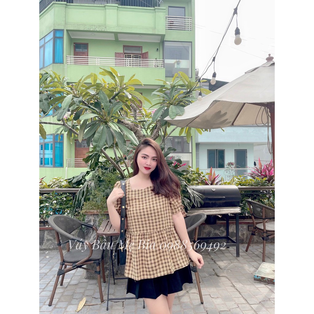 Áo Bầu Công Sở, Áo Bầu Kẻ Vàng Dáng Babydoll Tay Bo ( ảnh thật)