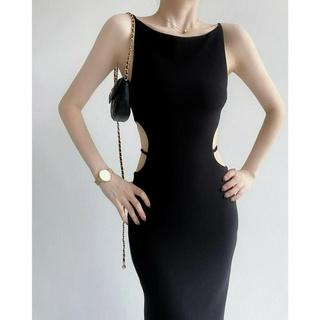 D062-Đầm tiệc 2 dây cổ cao khoét eo